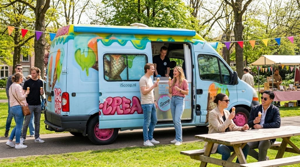 iScoop ijsbus met gezellige gasten op locatie